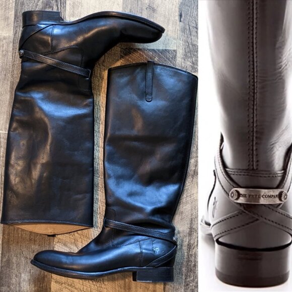 Frye Lindsay Plate Tall Riding Boots Black Leather - Picture 1 of 7